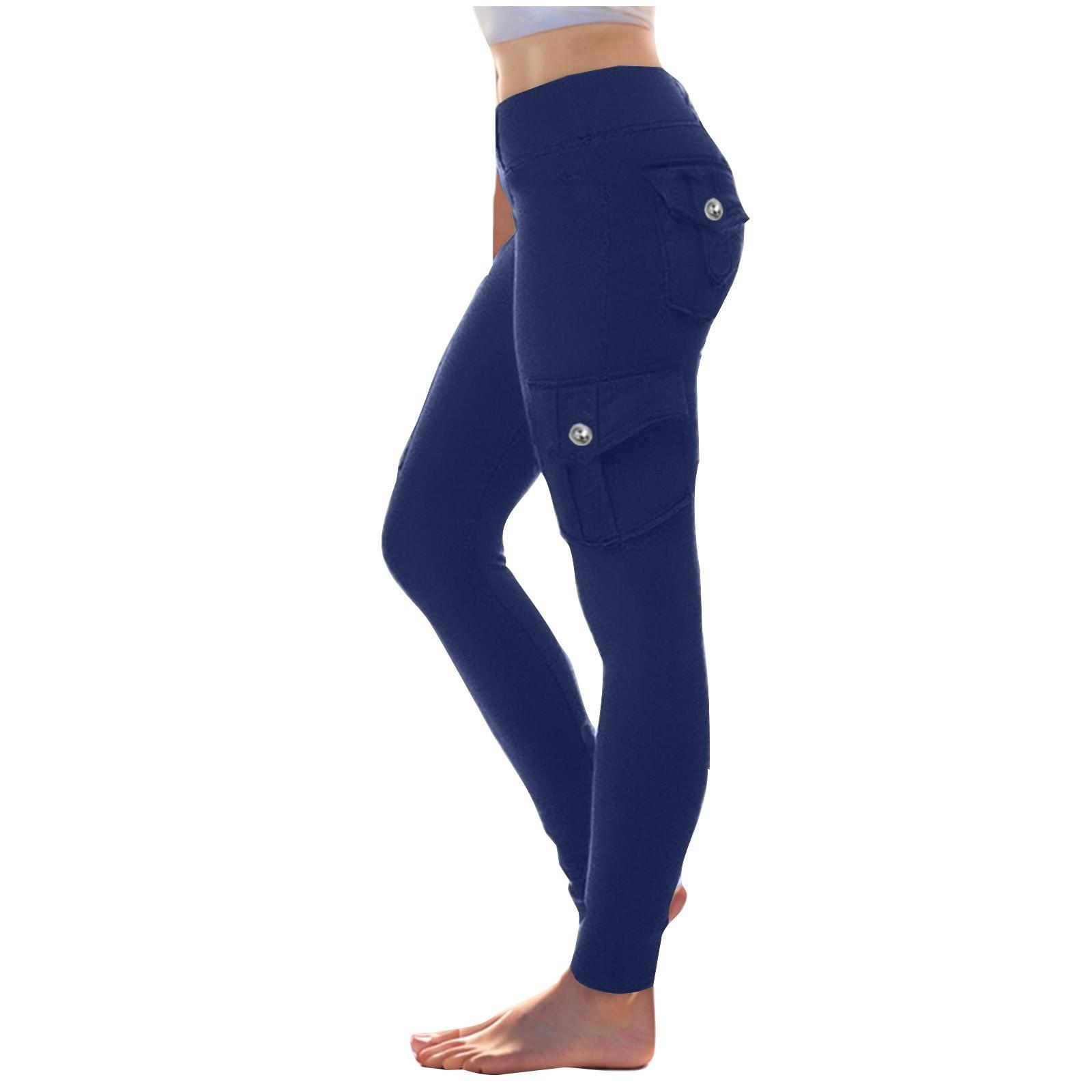 

Women s Stretch Waist Button Multi-Pocket Drawstring Yoga Pants Leggings Sports Slim-Fit Pants S Темно-синій