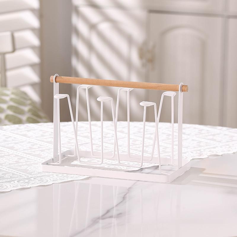 6-Cup Glass Cup Drying Rack with Wooden Handle, Countertop Cup Organizer with Drip Tray for Kitchen & Bar