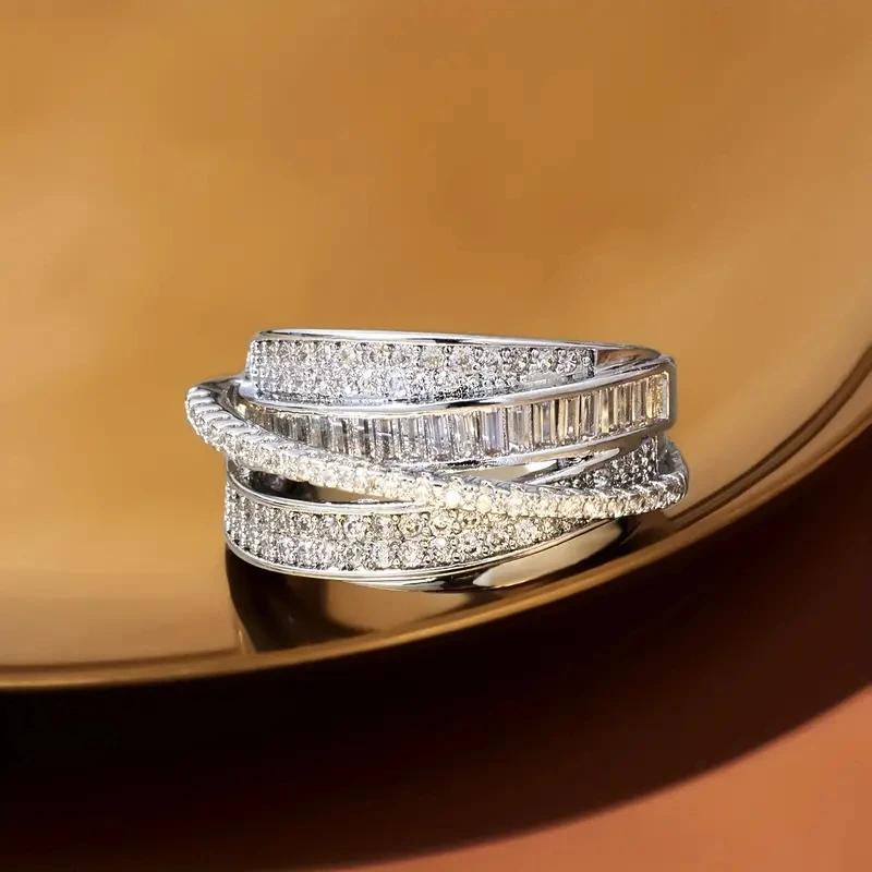 Huitan Unique Multi-layers Cross Rings for Women Trendy Shiny Cubic Zirconia Finger Accessory Attractive Party Jewelry Sale