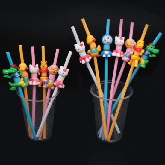 Plastic Cartoon Animal Cat Duck Reusable Drinking Straw Beverage Pipe with Brush