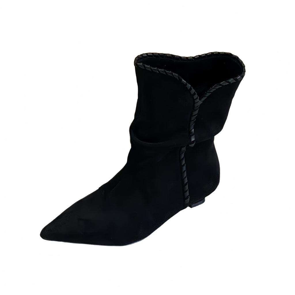 2025 Autumn New Retro Low-heeled Maillard Short Boots Pleated Thin Pointed Pile Boots Women