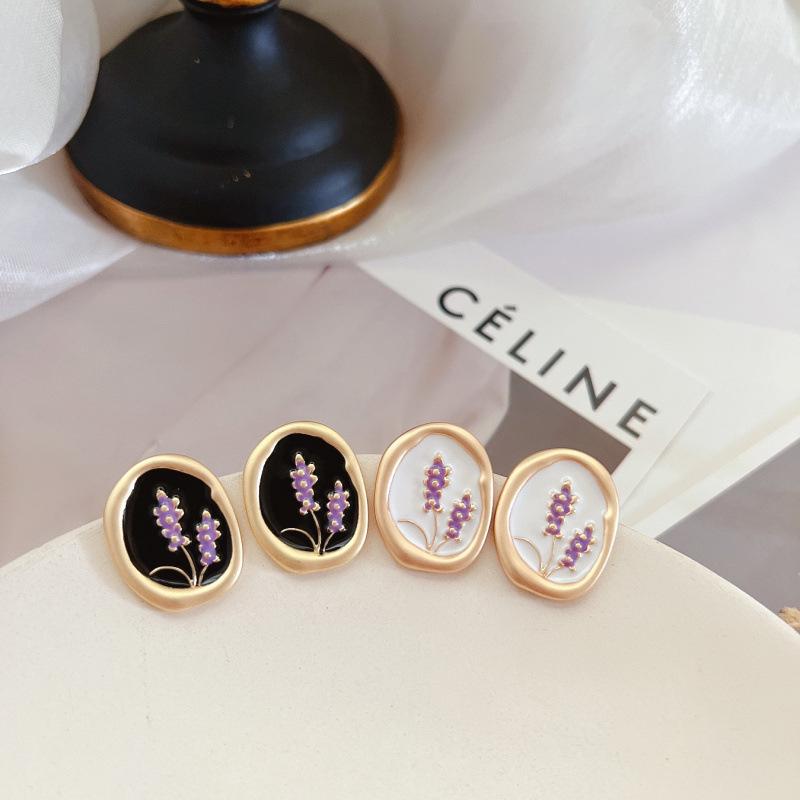 

French Retro Lavender Floral Enamel 925 Silver Stud Earrings