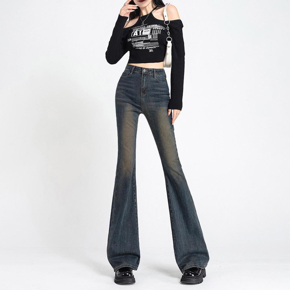 Neutral sweet and spicy washed micro-flared jeans spring and autumn new fashionable versatile horseshoe micro-pulled jeans