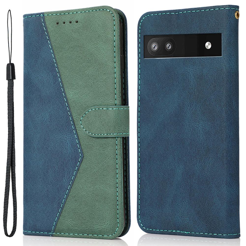 

For Google Pixel 7a Splicing Wallet Phone Case Folio Flip PU Leather Stand Phone Cover Blue+Green