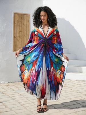 Schmeichelhafter Damen-Kaftan im Bohemian-Stil, lange Robe, übergroßes Moo-Moo-Kleid, Badeanzug, Überzug, Lounge-Kleidung Q1634
