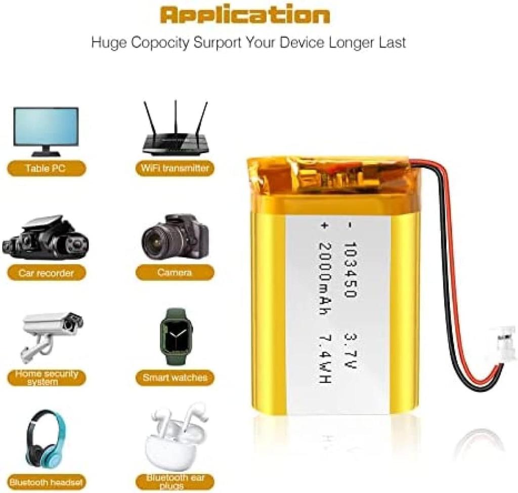 3.7V 2000mAh Lithium Battery Model 103450 with Protection Circuit – Rechargeable – Compatible with Bluetooth Earphones and TWS Headphones