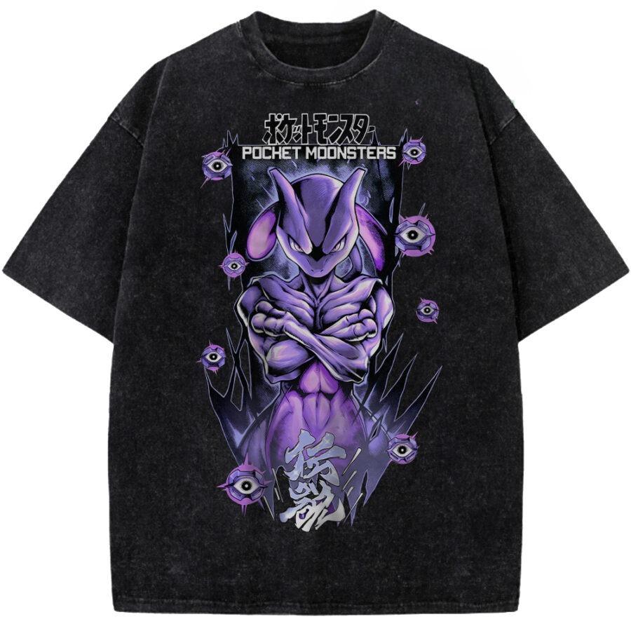 Pokmon Japanese anime Summer New unisex washed Tshirt cotton Mewtwo pattern Loose shortsleeved popular shirt L