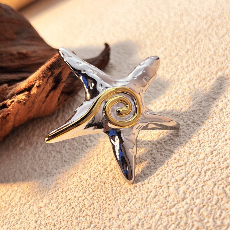 Yori Stainless Steel Metal Cast Gold Silver Mix Color Starfish Ring Women Charm Summer Beach Trendy Chic Jewelry