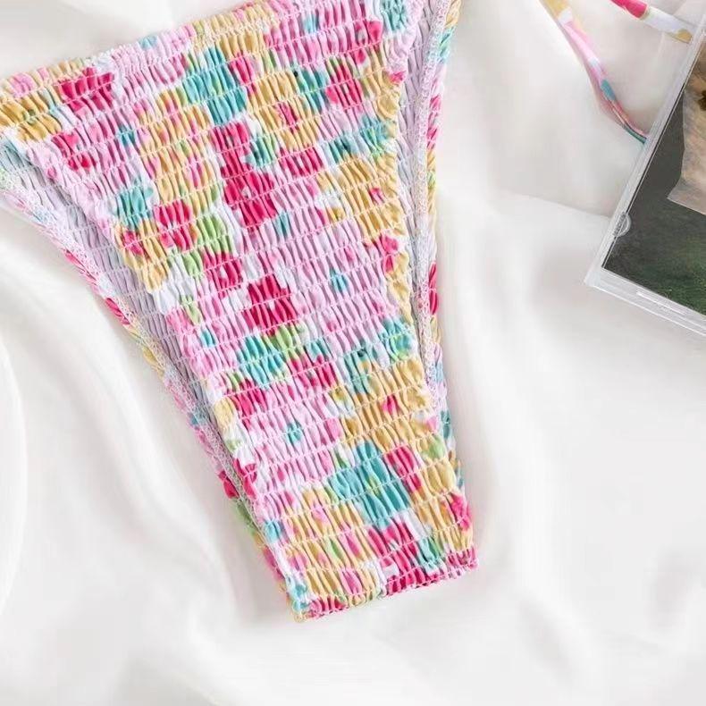 Dámské květinové plisované zavazovací bikiny v korejském stylu