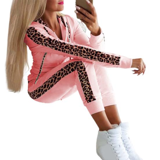 Pantaloni in felpa con cappuccio a maniche lunghe Set in due pezzi con cuciture leopardate con coulisse Completo sportivo Streetwear