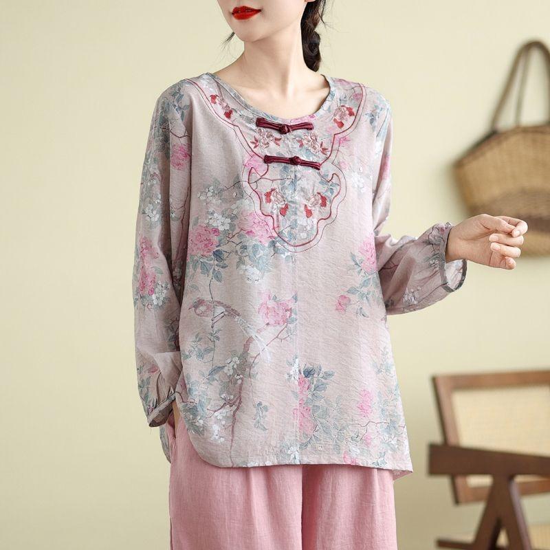 Autumn New Large Size Women's New Chinese Style National Style Embroidered Long-sleeved Tops Loose Pullover T-shirt