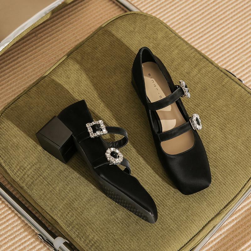 53301 [Discontinued] High Heels Women's Thick Heel 2025 New Square Head Rhinestone Mary Jane Shoes Shallow Mouth Single Shoes