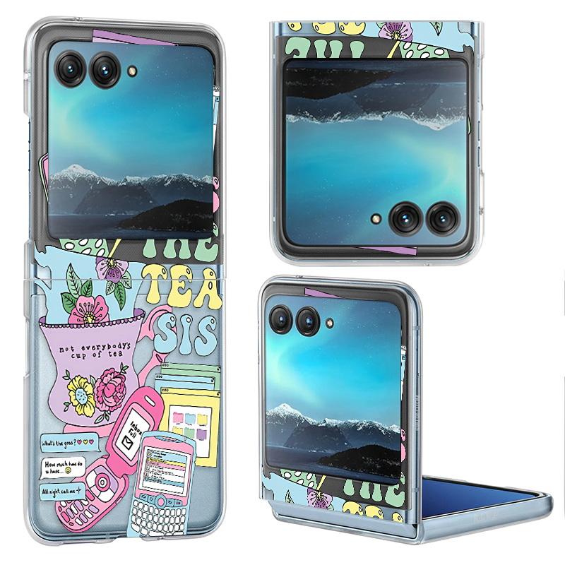 2 STK sammenleggbare flipvesker for Samsung Galaxy Z Flip5 Flip4 Flip3 Moto Razr 40 Ultra Flowers Butterfly Love Heart Pattern Støtsikker PC Hard Clear Cover