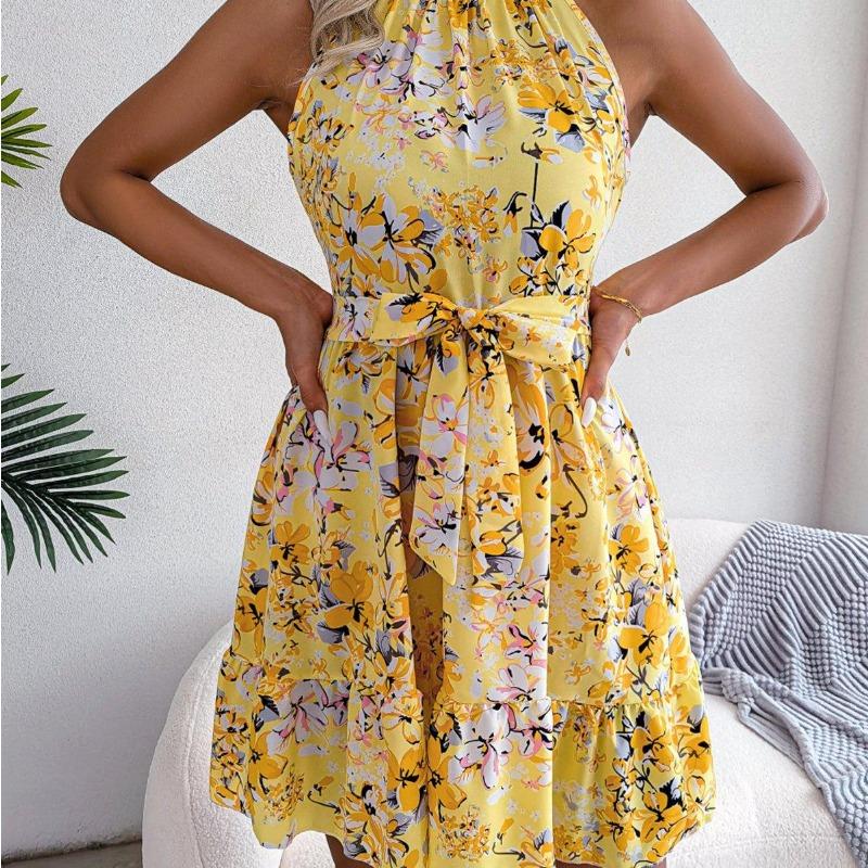 Spring Summer Women Halter Neck Sleeveless Temperament Lace Up Ruffled Floral A Line Short Dress S-XXL