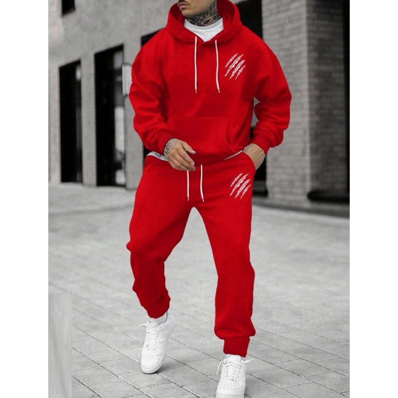 Mens Winter Hooded Sweatshirt Pants Set With Animal Paw Print Sporty Casual Streetwear