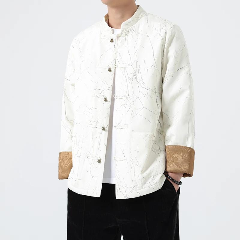 Autumn Winter Men Warm Jacket Men Disc Buckle Retro Tang Suit Jackets Man Stand Collar Emboss Hanfu Male Cotton Padded Coats