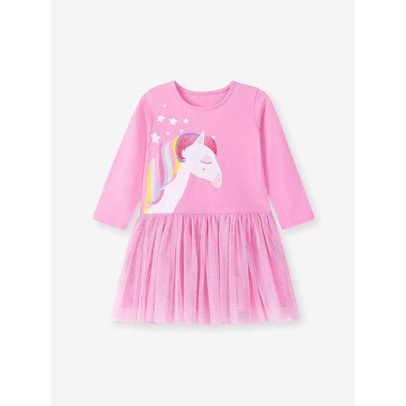 Girls' Autumn Long-Sleeved Dress Baby Pink Unicorn Knitted Dress Kidsren's Pure Cotton Spring and Autum Princess Dress Trendy