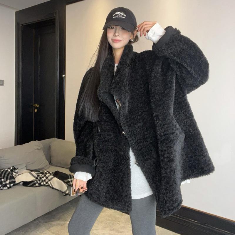 Winter Notting Hill double-sided wear imitation lamb wool suede horn buckle jacket women's winter loose tall fur integration