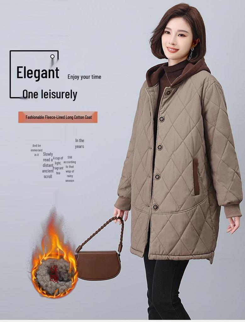 2024 Women's Mid-Length Fleece-Lined Cotton Coat - Plus Size, Loose Fit, Warm Winter Jacket for Middle-Aged Women