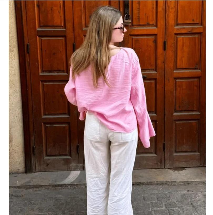 Women's Deep V-neck Flared Sleeve Tied Top Linen Lace Up Long Sleeve for Women Fashion Chic Casual Loose V Neck Shirt