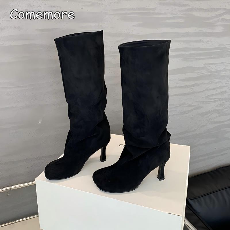 Women's Heeled Round Toe Knee-High Boots Stiletto Pull on Black Long Boots Fashion Casual Botas for Women Size 35 Bottes Femmes