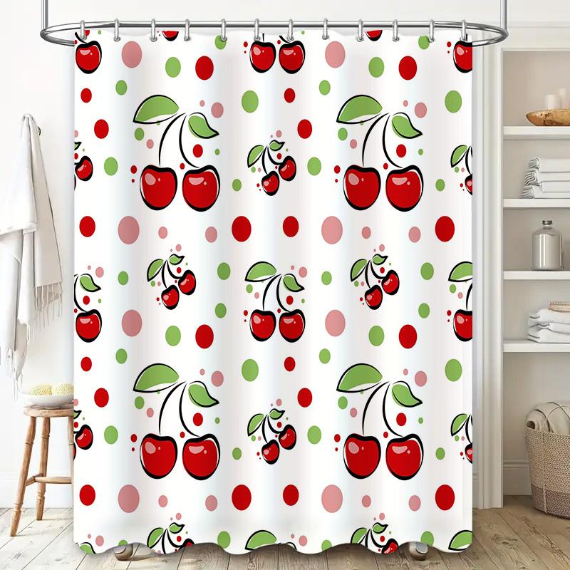 Modern Bathroom Shower Curtain Decorative with Cherry Print Red Green Polka Dots Polyester Fabric Water Resistant Home Decor Ite
