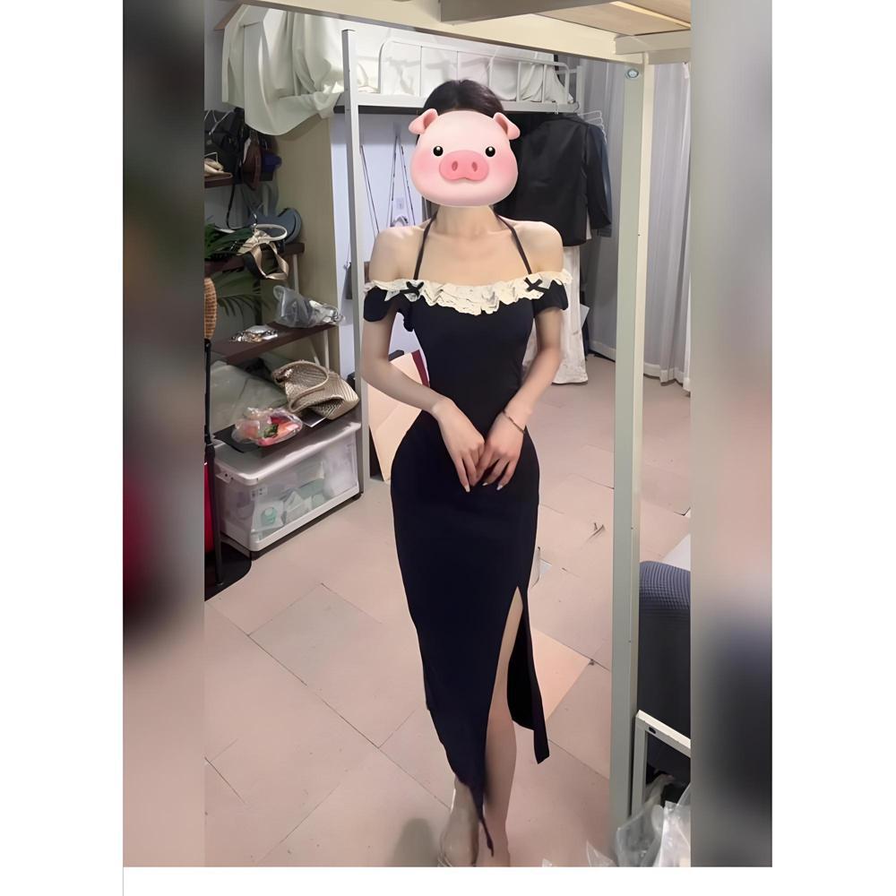 

Летнее черное кружевное платье, женщины подтягивают талию, чтобы подчеркнуть свой стройный темперамент, длинные юбки знаменитостей XL- (recommended 110-60kg)