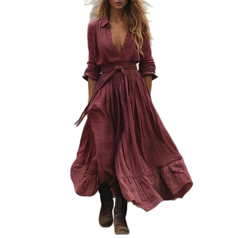 Women Vintage Bohemian Long Sleeve Long Casual Maxi Dress