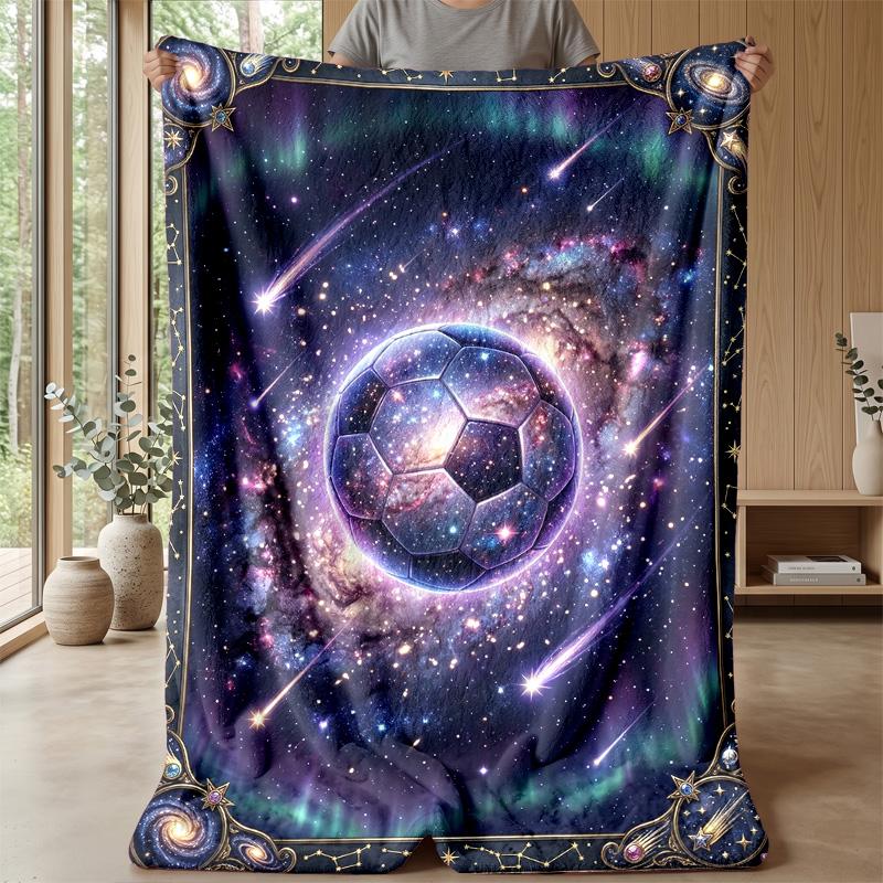 Cosmic Soccer Ball Blanket Personalized Name Flannel Blanket Soft Cozy Plush Throw for Sofa Bed Lightweight Home Decor