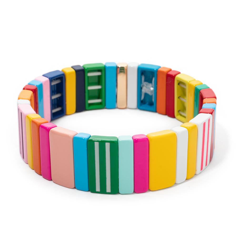 New Fashion Deil Eye Enamel Bangle for Women Colorful Beaded Boho Rectangle Shape Hand Accessory