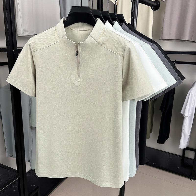 Men's Short Sleeve T Shirt Half Zipper Casual Mesh Beach Breathable Pullover Solid Color Lightwear Loose Comfortable Shirts