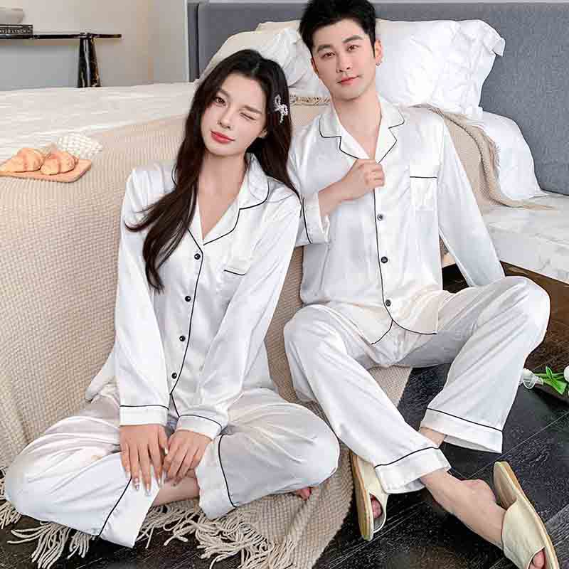 Pajamas women's suit spring and autumn long-sleeved new couple ice silk loungewear high-end light luxury sun and moon jacquard men's models