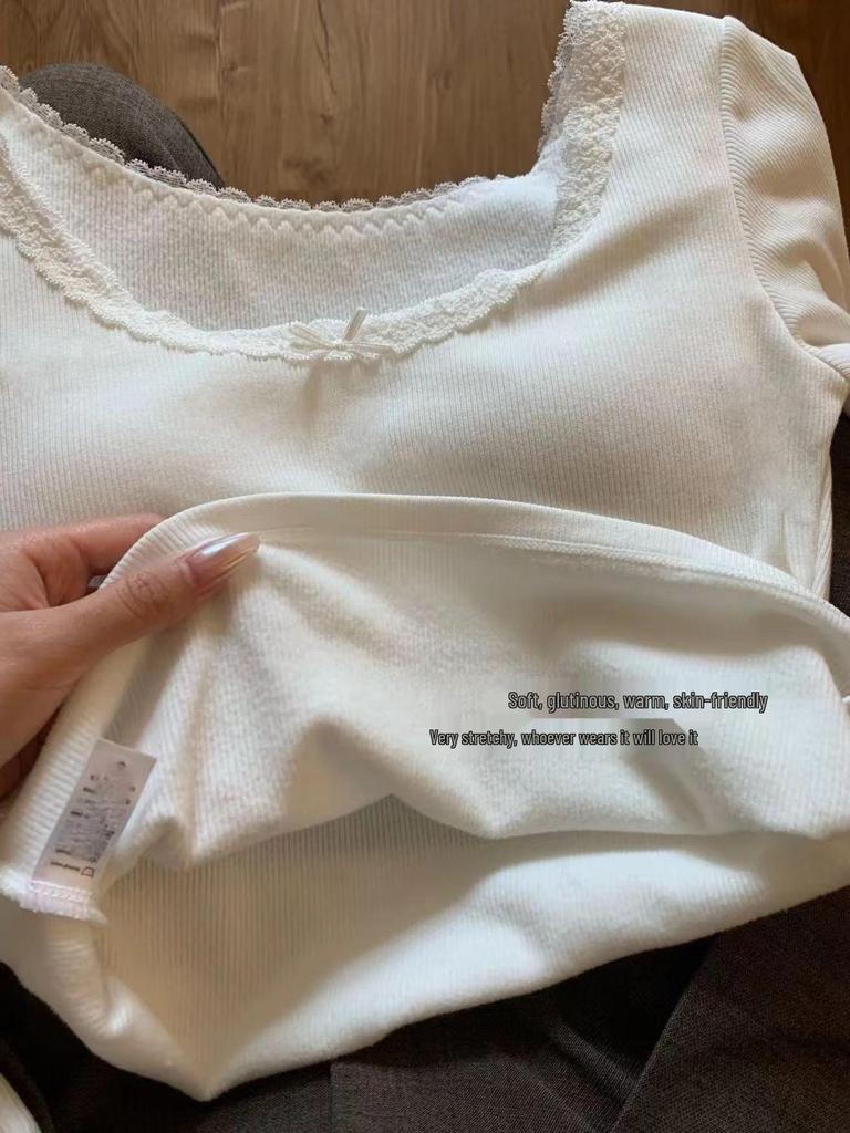 Petite Slim-Fit Women's Long-Sleeve White Lace T-shirt, Korean Style, Autumn/Winter, Gentle Inner Layer, Highlights Collarbone