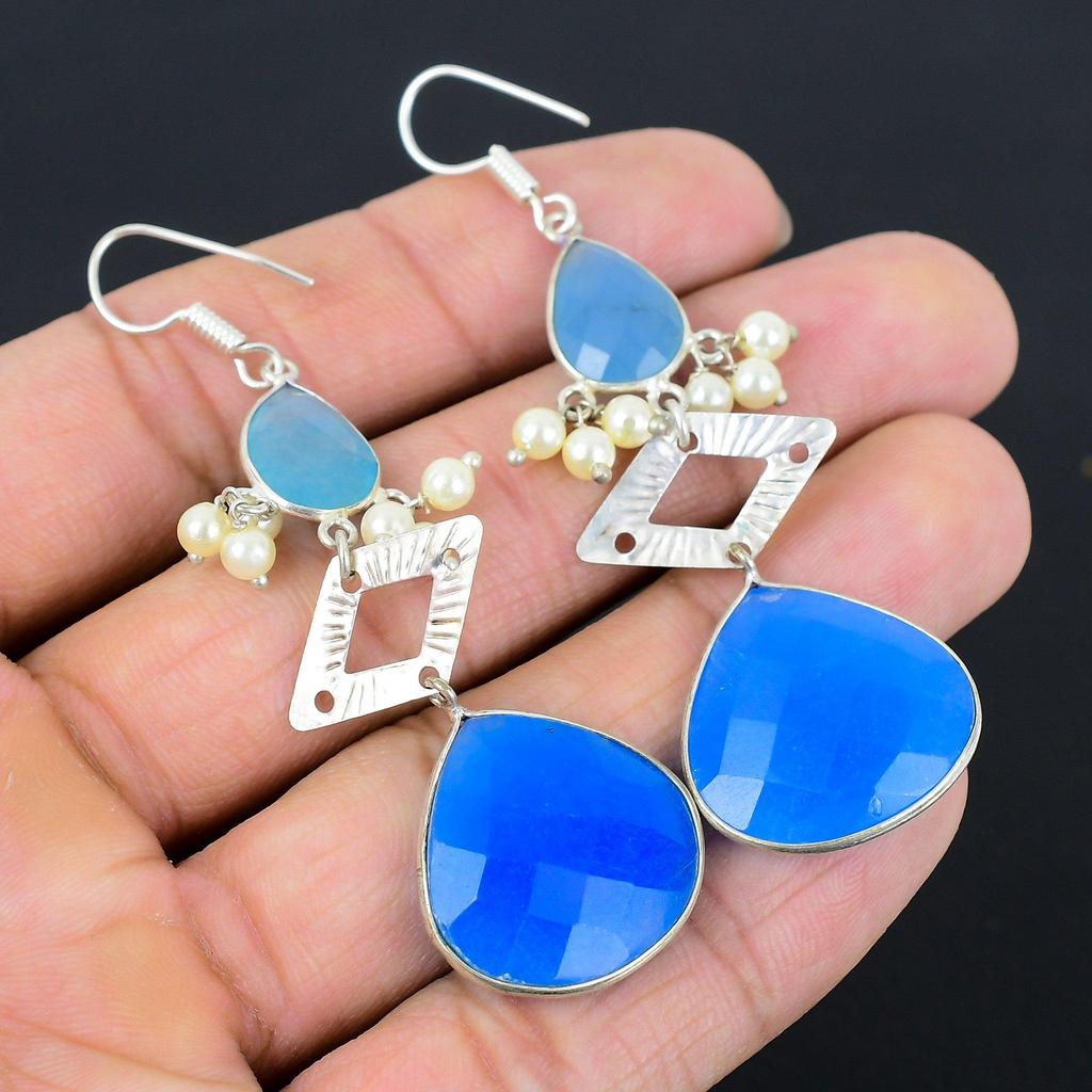 Wedding Gift For Her 925 Silver Natural Blue Saphire Drop/Dangle Earrings
