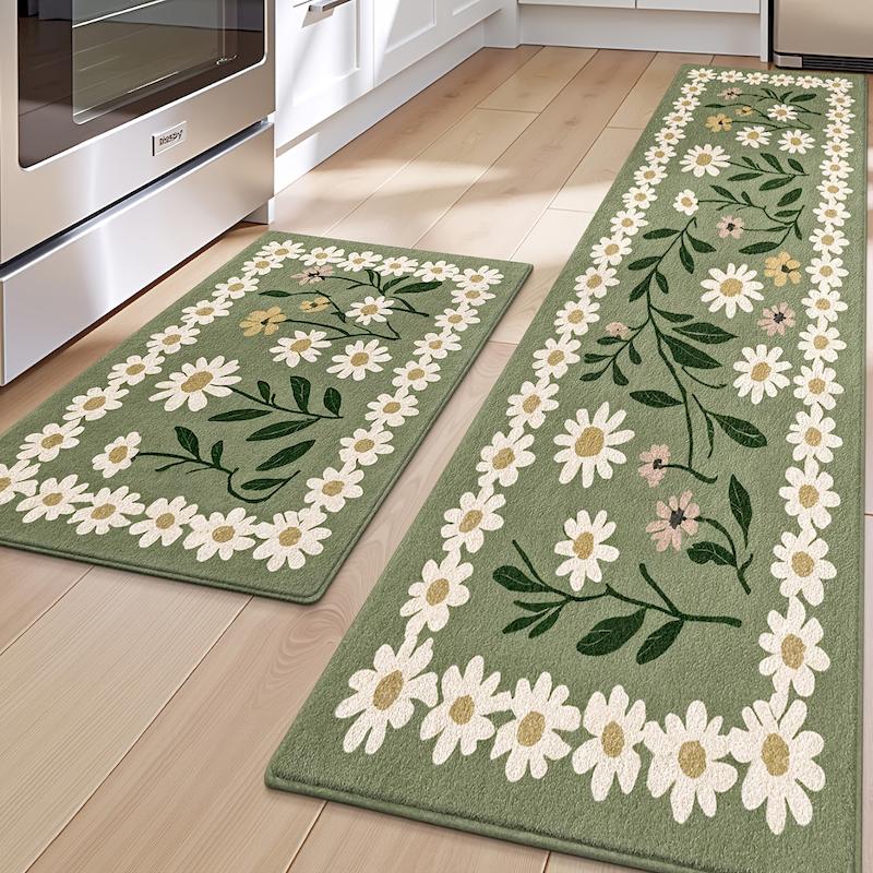 Green And White Daisy Carpet Kitchen Absorbent Non Slip Floor Mat Foyer Cute Floral Printed Carpet Home Decoration