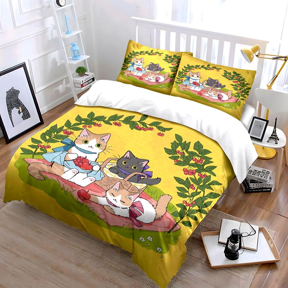 Adorable Cats with Fruits Design Bedding Duvet Cover Set Duvet Cover Pillowcases  (1*Duvet Cover 2*Pillowcases, Without Duvet Insert)