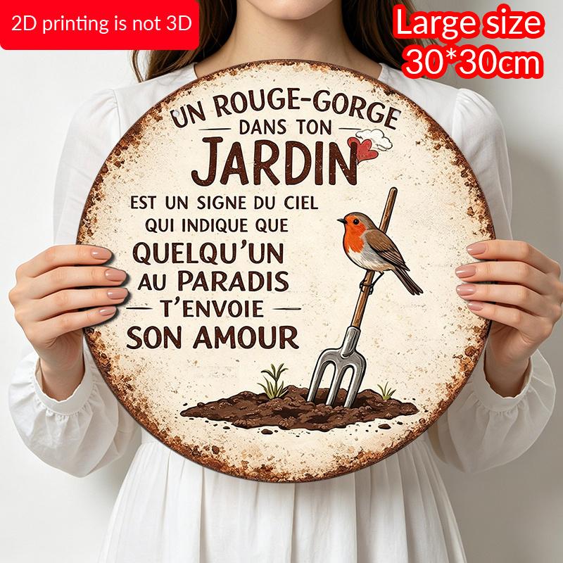 2D Flat, 1pc Waterproof Round Aluminum Robin Sign, French Memorial Quote with Robin & Garden Print, Retro Distressed Finish, Durable Metal Hanging