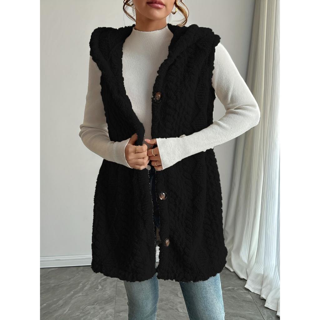 Damen Uni Farbe Wende Flauschige Kapuzen Knopf Strickjacke Weste Lässig Herbst Winter Mode