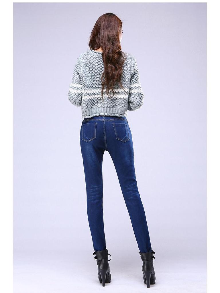 Women's Plus Size Fleece-Lined Skinny Jeans, Korean Style, Stretch Elastic Waist, Autumn/Winter 1016