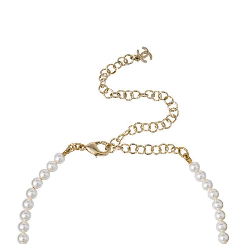 CHANEL Metal Bow Calfskin Glass Pearl Chocker Necklace Women's Gold/Black