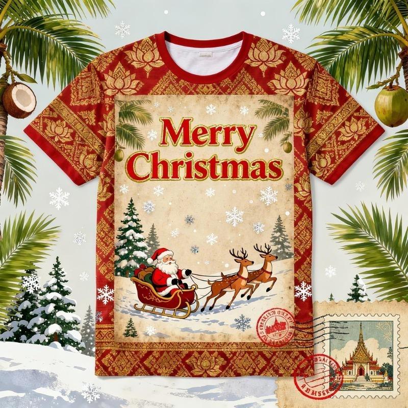 Summer Casual Comfortable Daily Plus Size Christmas Printed Short Sleeved T-shirt- Soft Medium Elastic Polyester Fiber Fabric Summer Loose Casual Wear