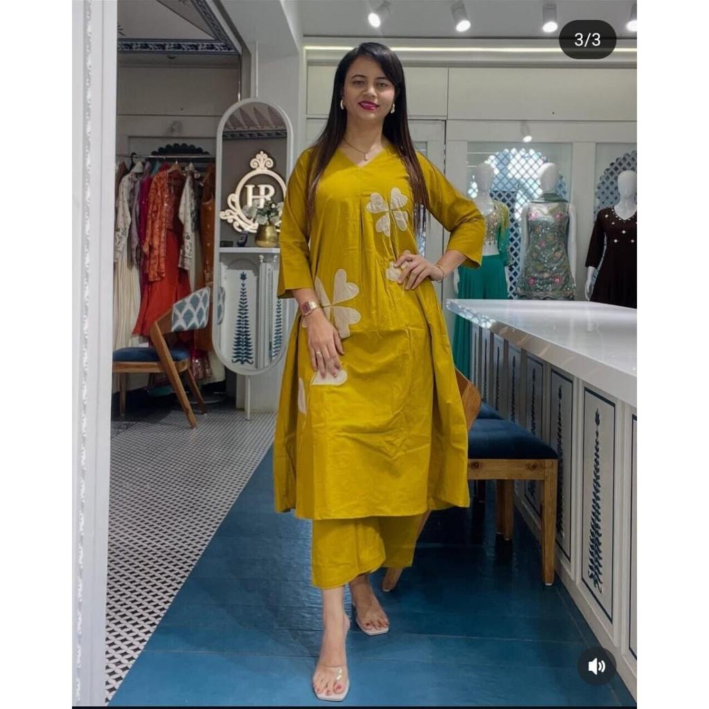 Indian Women Top Tunic Kurta Pant Cord Set Party Wear Bollywood Cotton Kurti VF-20194