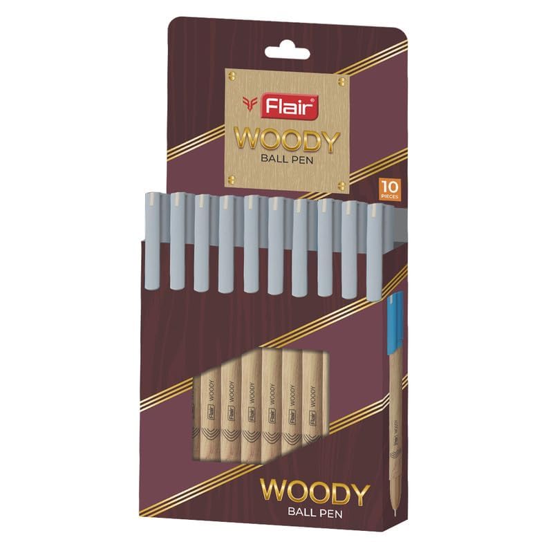Flair Woody Ball Pen Wallet Pack Of 10 Black Ink 0.7 mm Smooth Writing Ballpoint Pens For Office School And Home Use