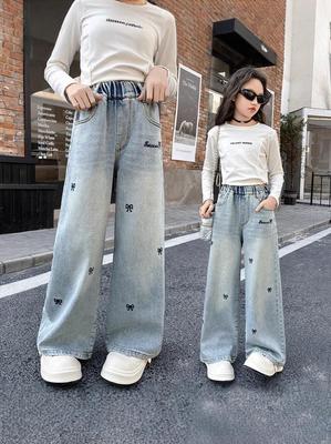 Girls' Spring 2025 Embroidered Butterfly Wide Leg Jeans - Korean Style Straight Leg Denim for Older Children