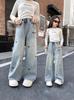 Girls' Spring 2025 Embroidered Butterfly Wide Leg Jeans - Korean Style Straight Leg Denim for Older Children