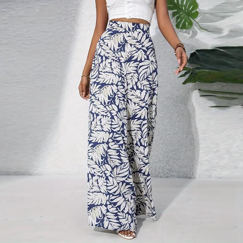 Women s Leaves Print Casual Wide-leg Pants Summer Loose Pants L