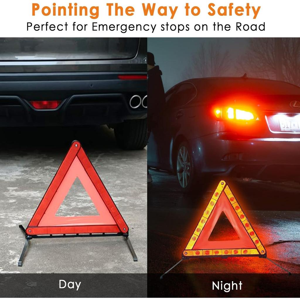 FLK Tech Warning Triangles Safety Triangle Emergency Kit Foldable Reflective Triangles with Base Roadside Triangle Kit with Case for Vehicles