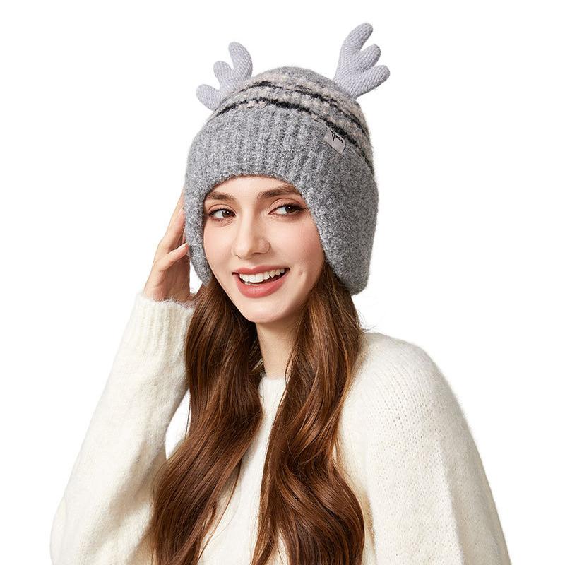 Christmas Antler Knitted Hat Women's Autumn Winter Warm Wool Hat Velvet Ear Protection Cap