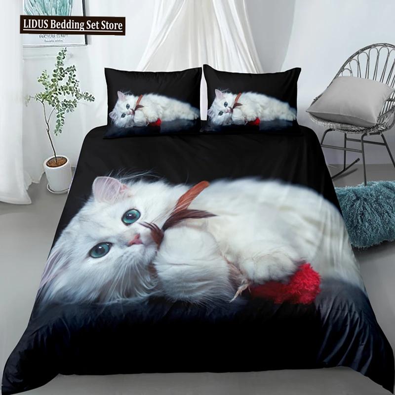 Set Copripiumino 3D Gatto Adorabile, Set Biancheria da Letto Carino Gatto Domestico Taglia Matrimoniale Queen King, Copripiumini di Lusso Animali Carini Regali Tessili per la Casa