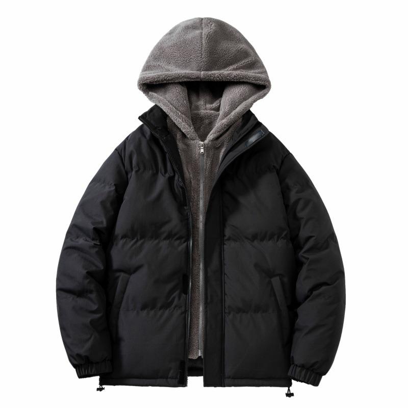 Fake two-piece cotton-padded jacket for men in winter, loose and thickened warm fleece cotton-padded jacket, hooded cotton-padded jacket.